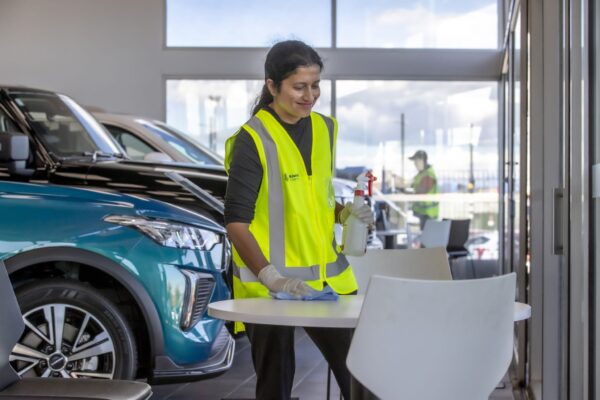 Kowhai Cleaning staff providing premium commercial cleaning at Andrew Simms, Auckland – trusted specialists in dealership and showroom cleanliness.