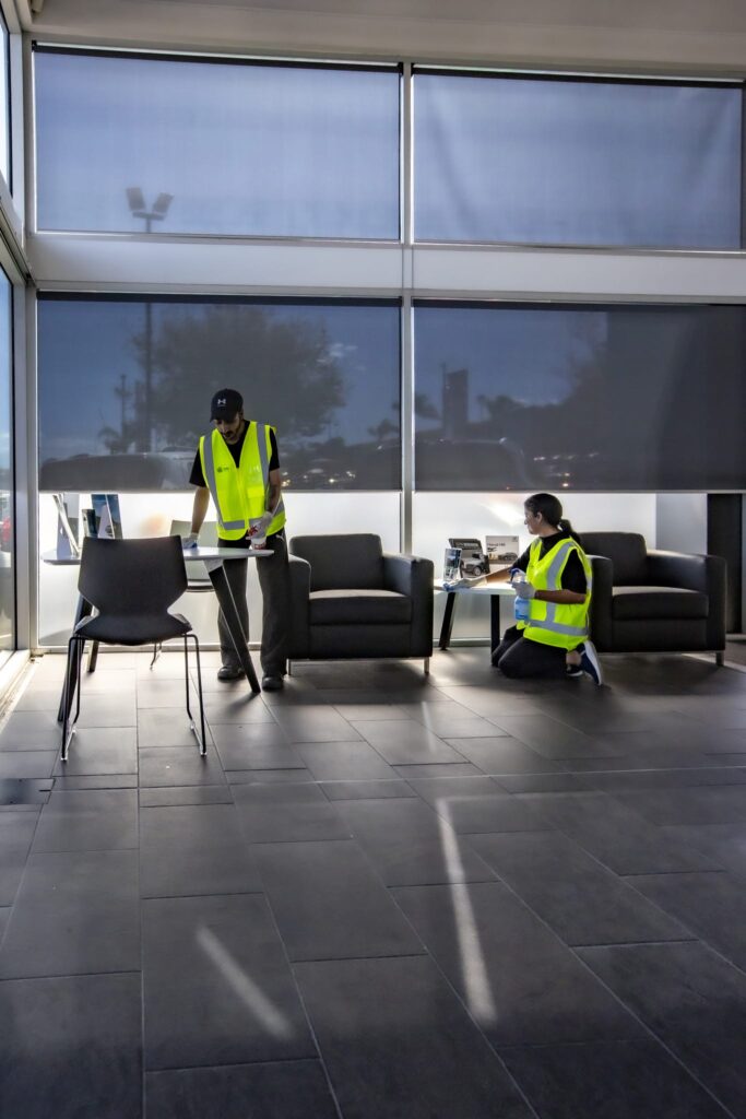 Detailed office sanitisation by Kowhai Cleaning at Andrew Simms showroom – commercial cleaning excellence across Auckland and New Zealand.