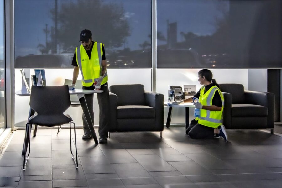 Detailed office sanitisation by Kowhai Cleaning at Andrew Simms showroom – commercial cleaning excellence across Auckland and New Zealand.