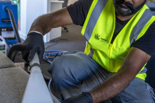 Kowhai Cleaning technician performing commercial upholstery cleaning using extraction tool on office seating