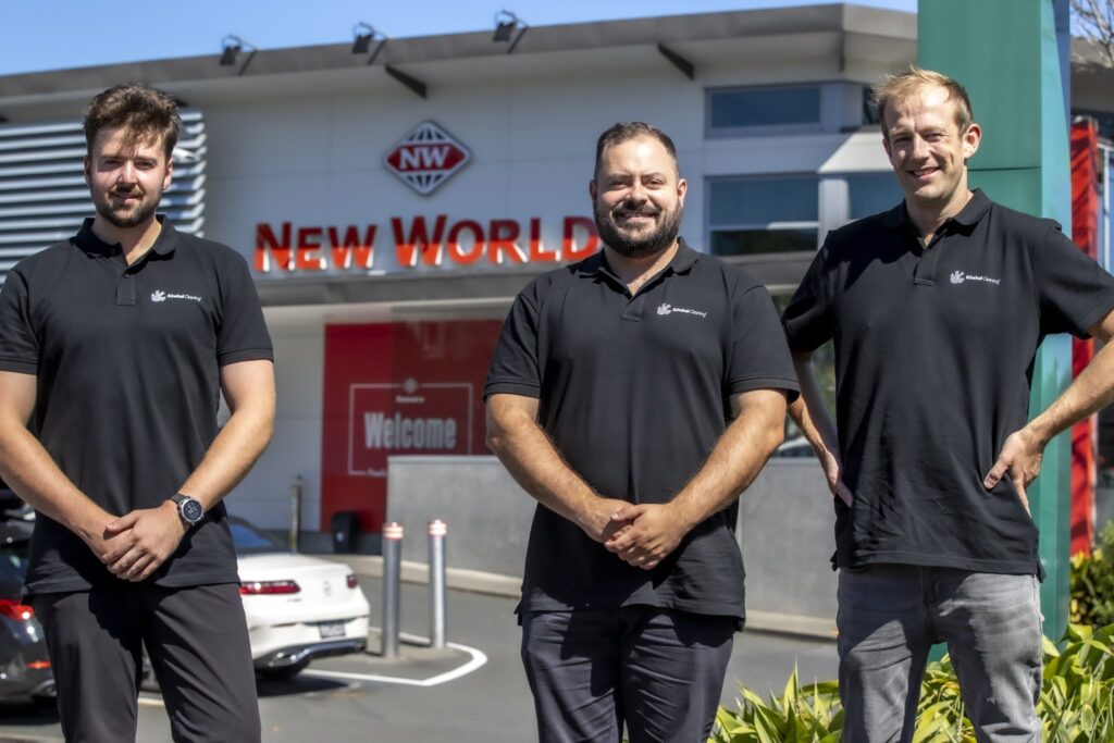Commercial cleaning management team from Kowhai Cleaning standing outside New World supermarket in Remuera, Auckland