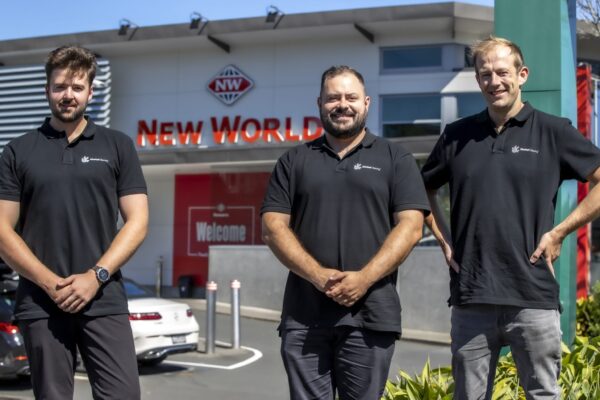 Commercial cleaning management team from Kowhai Cleaning standing outside New World supermarket in Remuera, Auckland